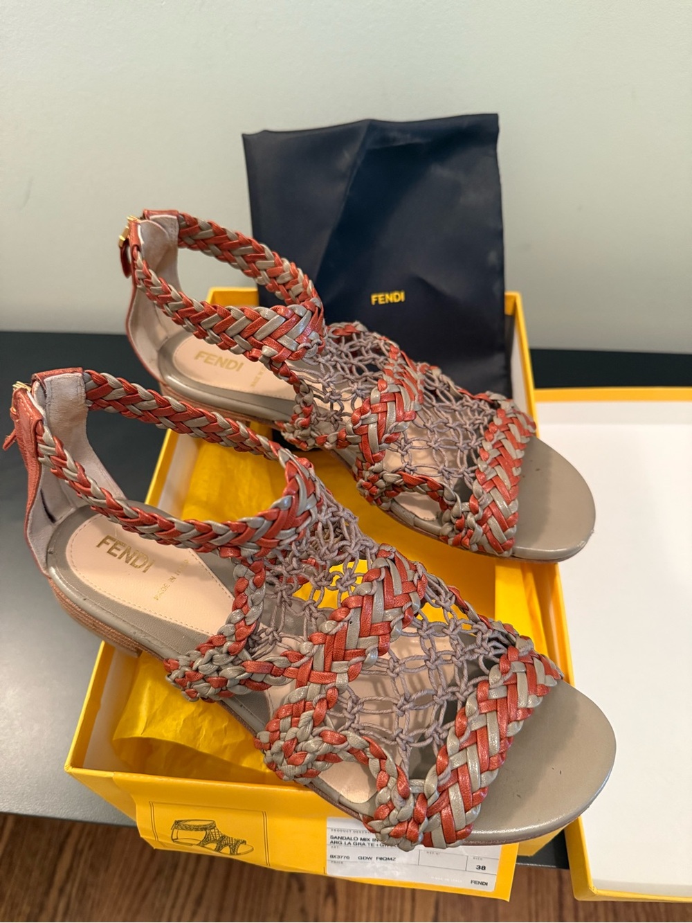 FENDI Women's Braided Leather Sandals in Coral and Grey